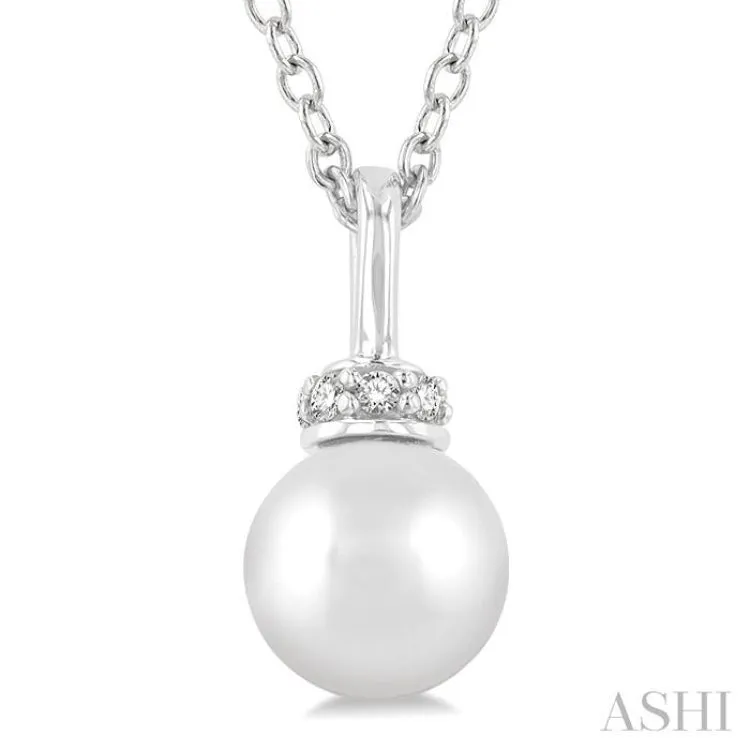 1/20 ctw Petite 6X6 MM Cultured Pearl and Round Cut Diamond Crown Fashion Pendant With Chain in 10K White Gold