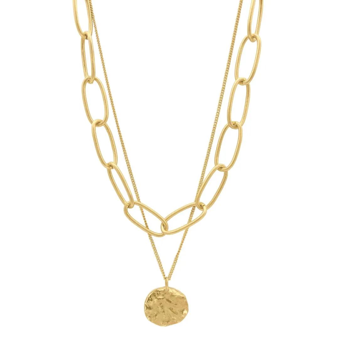 14k Gold Plated Oval Link Chain and Coin Pendant Layered Necklace