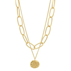 14k Gold Plated Oval Link Chain and Coin Pendant Layered Necklace