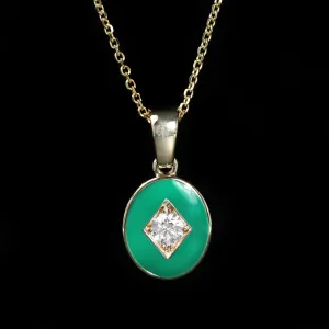 14K Yellow Gold 0.18 Carat Diamond and Green Enamel Pendant