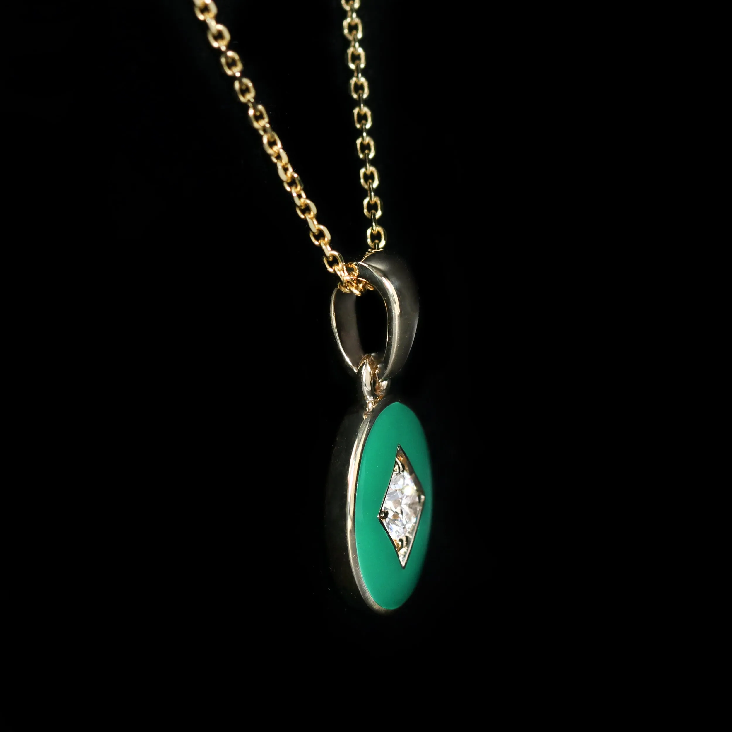 14K Yellow Gold 0.18 Carat Diamond and Green Enamel Pendant