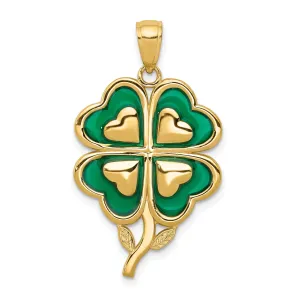 14k Yellow Gold Solid Open Back Polished Green Enameled Finish With Hearts Design 4-leaf Clover Charm Pendant