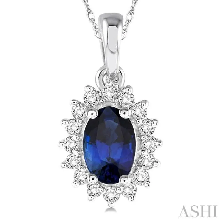 1/8 Ctw Round Cut Diamond and Oval Cut 6x4 MM Sapphire Center Sunflower Precious Pendant in 10K White Gold with chain