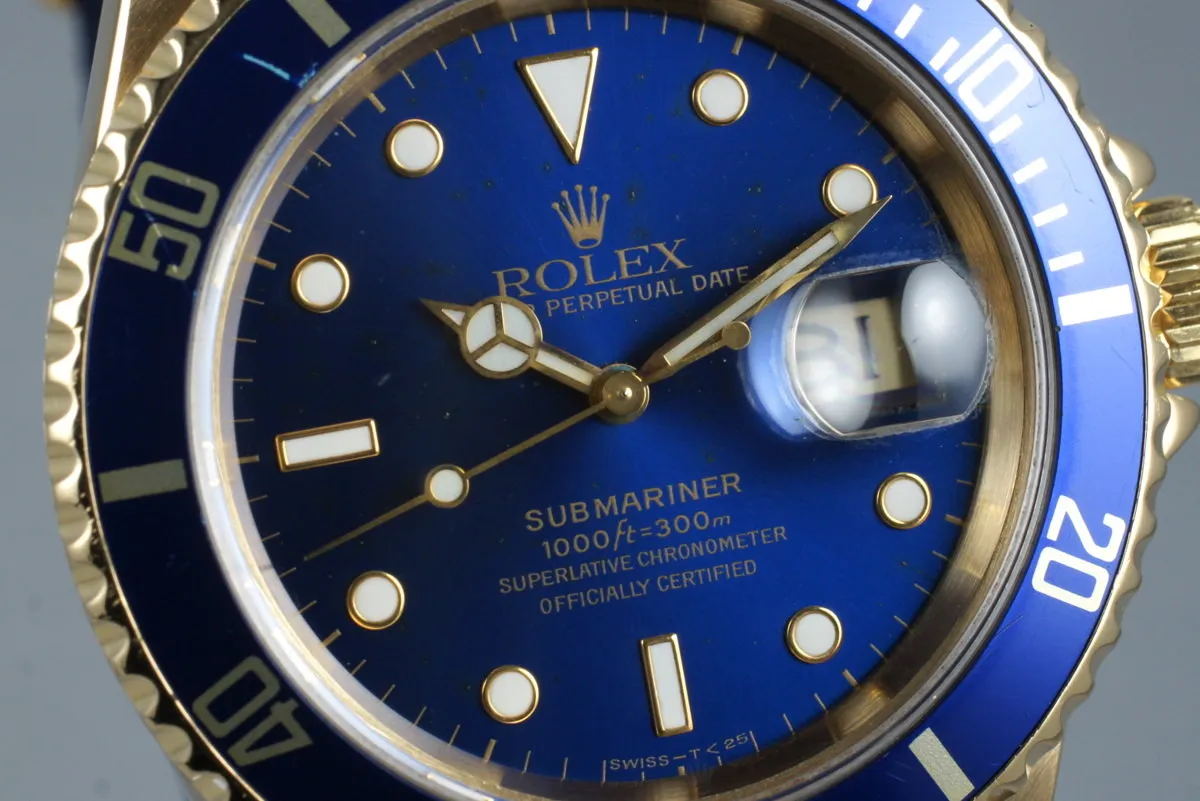 1991 Rolex 18K Blue Submariner 16618 with Box and Papers