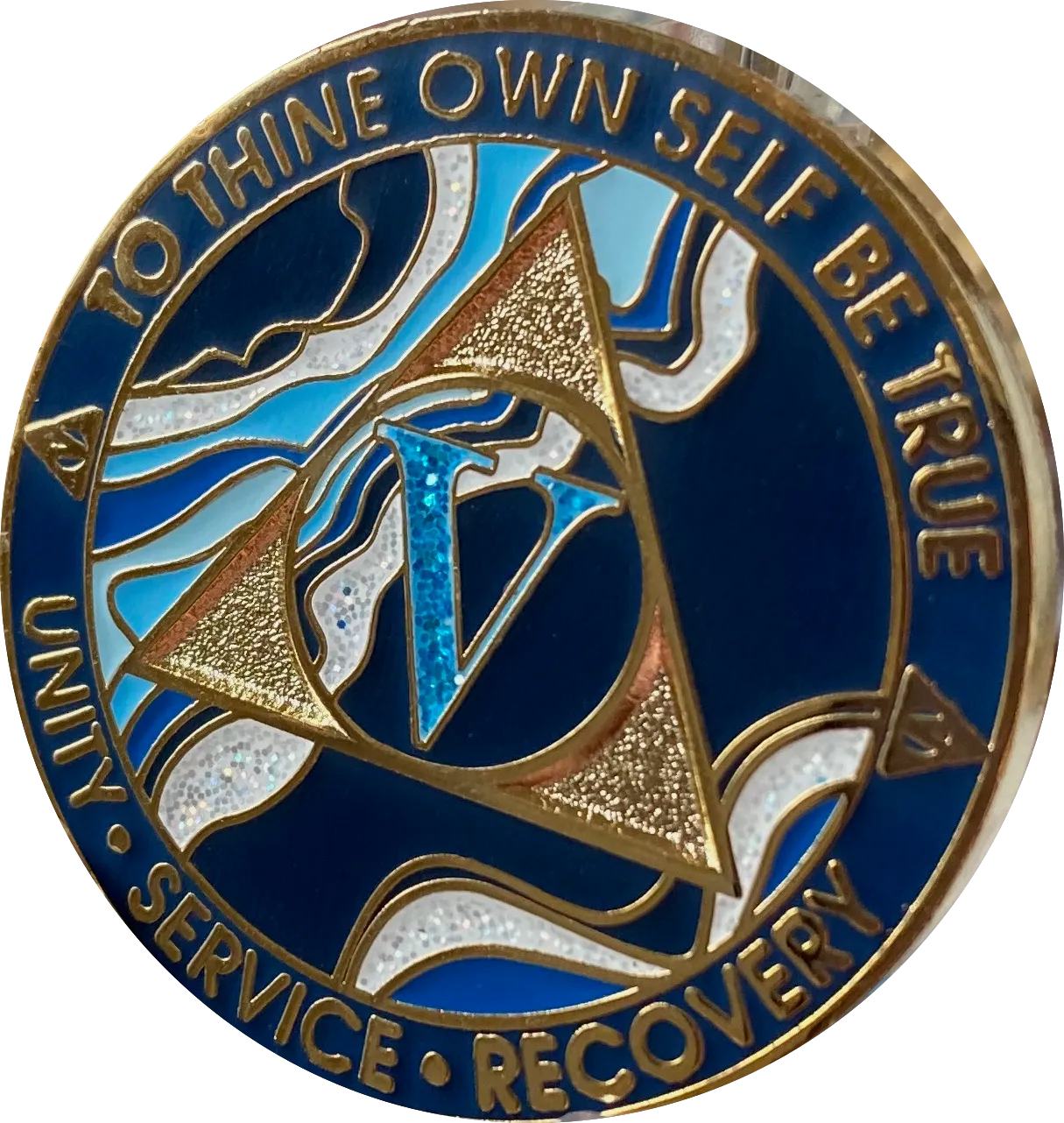 5 Year AA Medallion Elegant Navy Blue Marble Gold Sobriety Chip