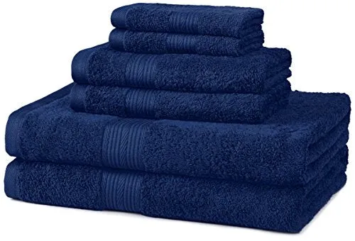 Amazon Basics 6-Piece Fade Resistant Bath, Hand and Washcloth Towel Set - Cotton, Navy Blue, 14.25" L x 10.85" W