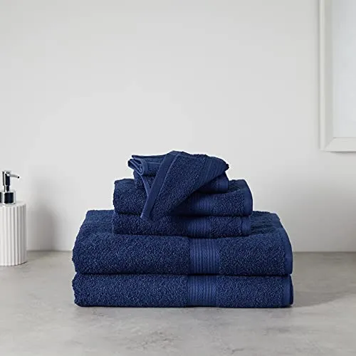 Amazon Basics 6-Piece Fade Resistant Bath, Hand and Washcloth Towel Set - Cotton, Navy Blue, 14.25" L x 10.85" W