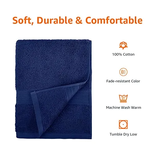 Amazon Basics 6-Piece Fade Resistant Bath, Hand and Washcloth Towel Set - Cotton, Navy Blue, 14.25" L x 10.85" W