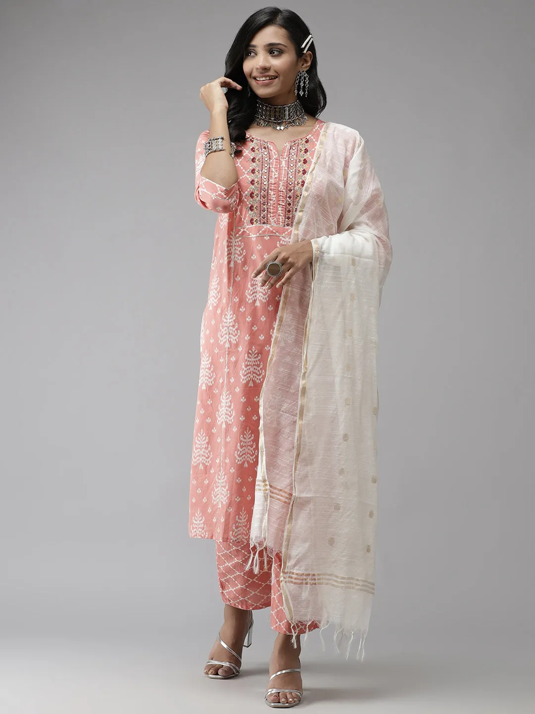 Anubhutee Women Pink Ethnic Motifs Printed Regular Pure Cotton Kurta with Palazzos  With Dupatta