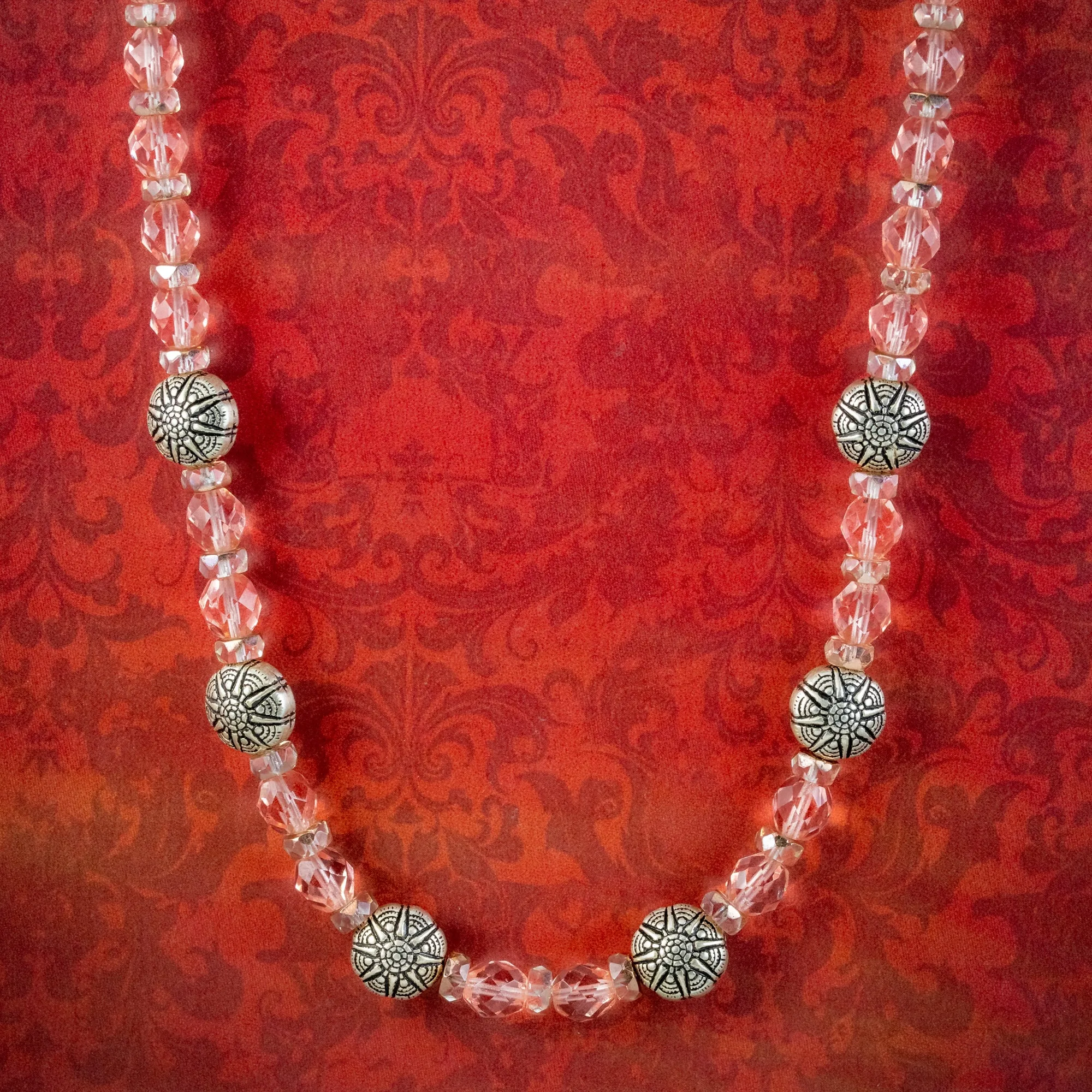 Art Deco Style Long Pink Glass Bead Necklace Silver Clasp