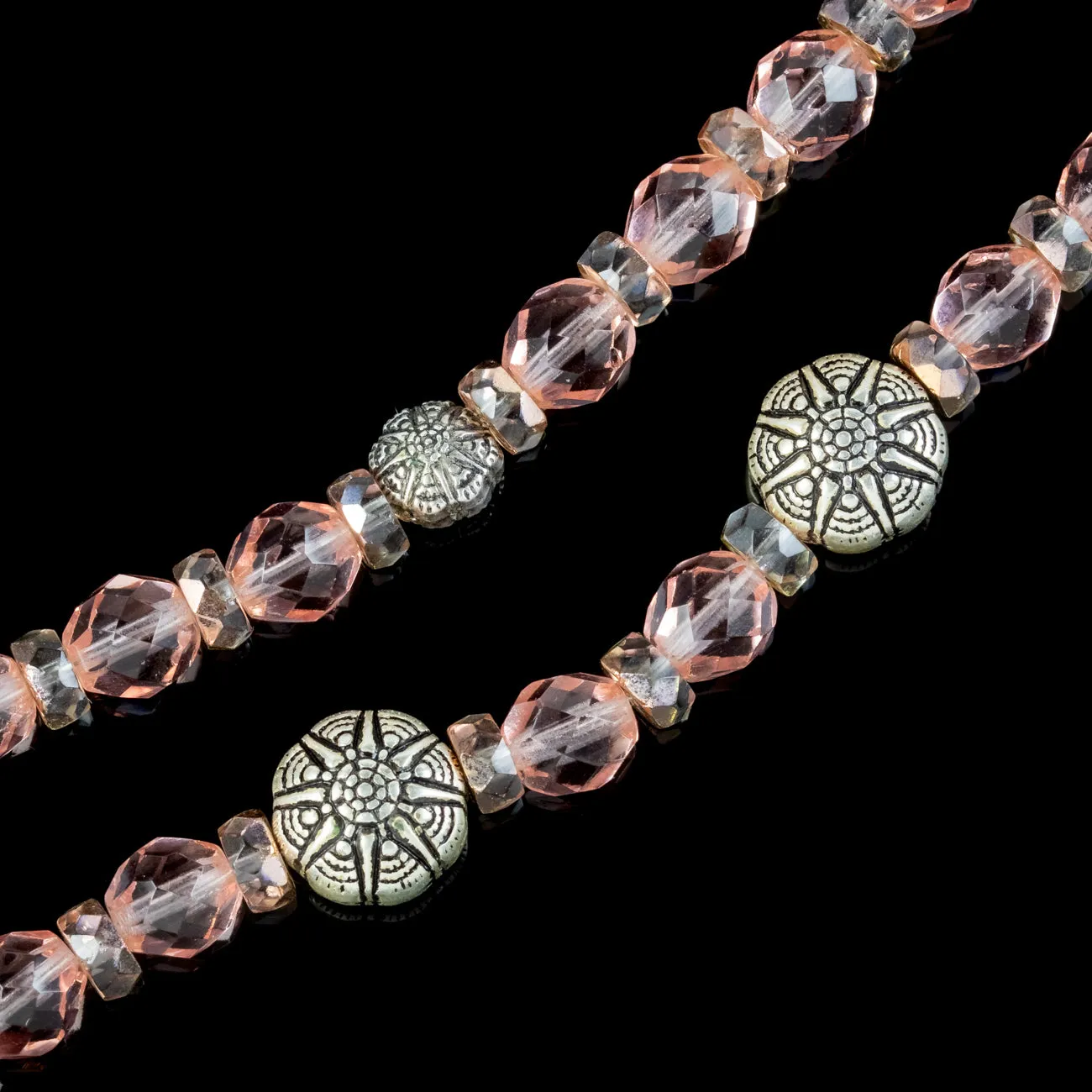 Art Deco Style Long Pink Glass Bead Necklace Silver Clasp