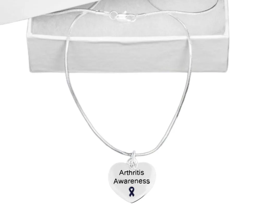 Arthritis Awareness Dark Blue Ribbon Heart Charm Necklaces