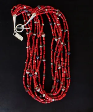 Bamboo Coral Cylinder Bead 8-Strand Necklace with Multi-Hued Czech Glass, and Sterling Silver Beads, Cones & Toggle Clasp