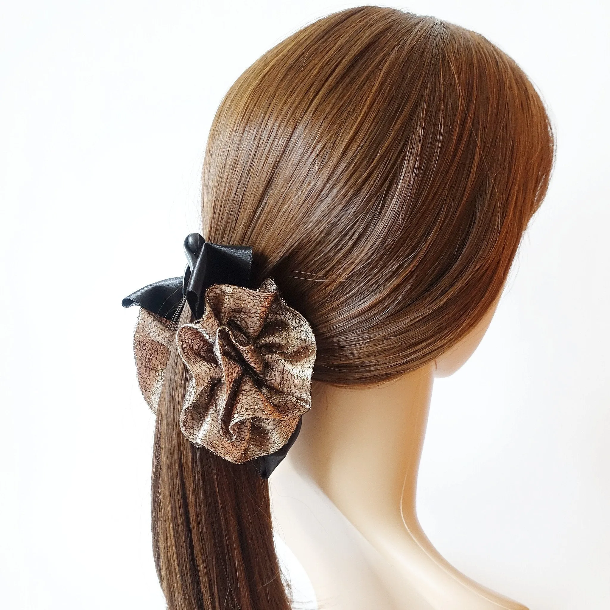 Black Ribbon Bow Golden Mesh  Fabric Flower Banana Hair Clip