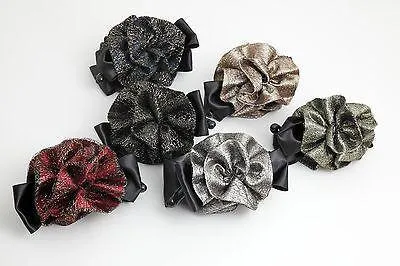 Black Ribbon Bow Golden Mesh  Fabric Flower Banana Hair Clip