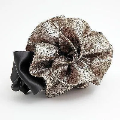 Black Ribbon Bow Golden Mesh  Fabric Flower Banana Hair Clip