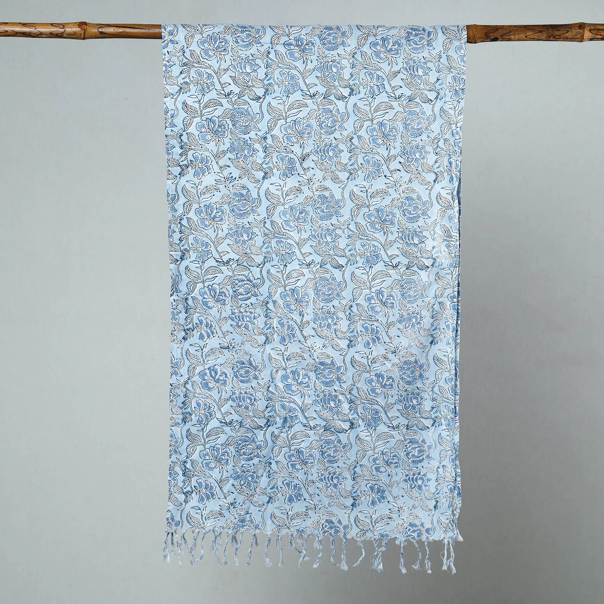 Blue - Sanganeri Block Printed Cotton Stole with Tassels 07