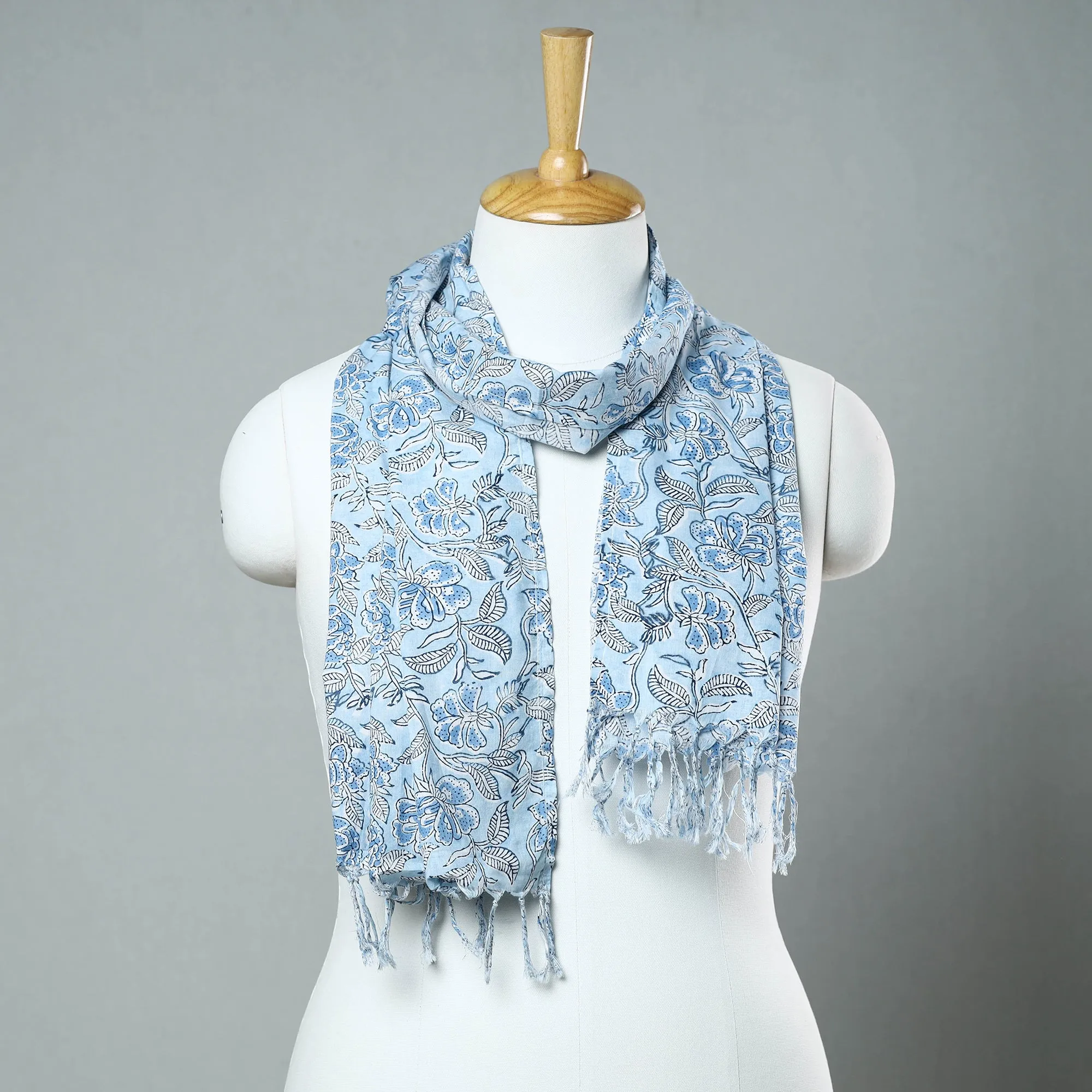 Blue - Sanganeri Block Printed Cotton Stole with Tassels 07