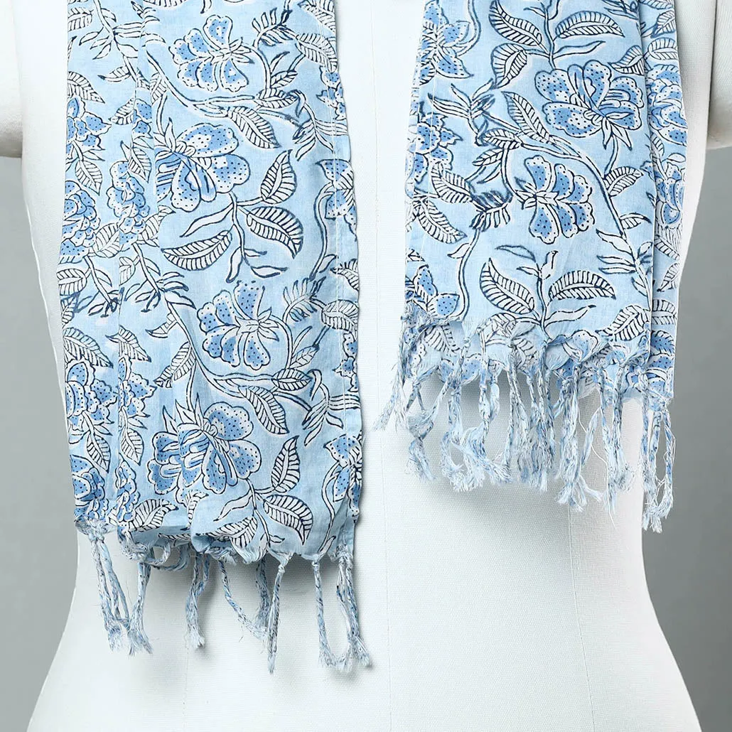 Blue - Sanganeri Block Printed Cotton Stole with Tassels 07