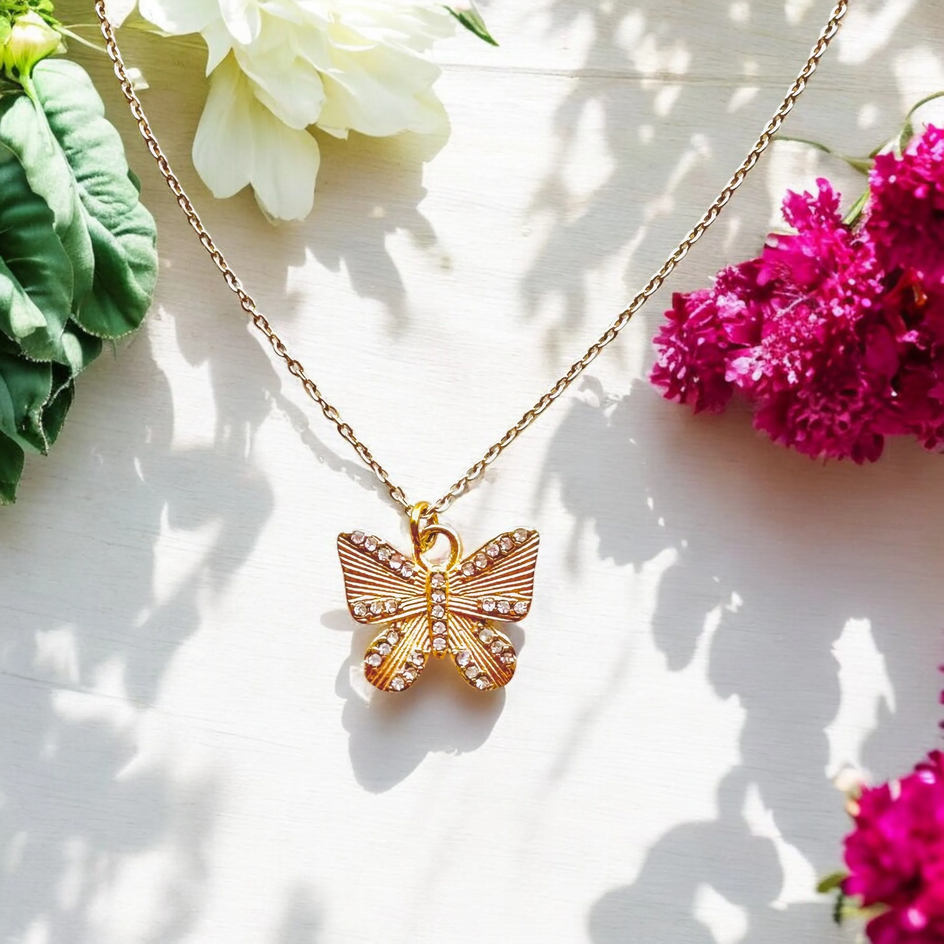 Butterfly Cubic Zirconia - 18K Gold Plated, Waterproof Necklace