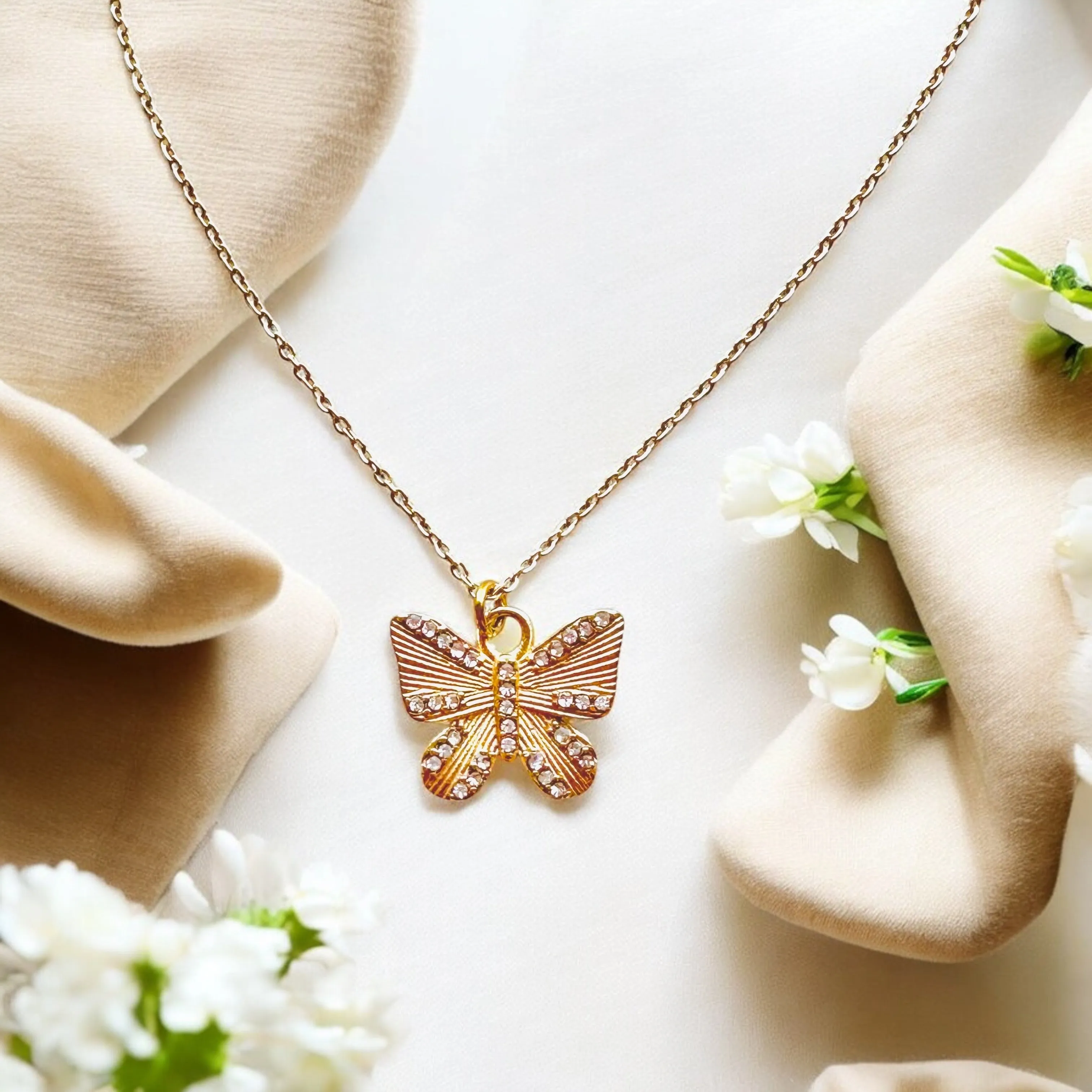 Butterfly Cubic Zirconia - 18K Gold Plated, Waterproof Necklace