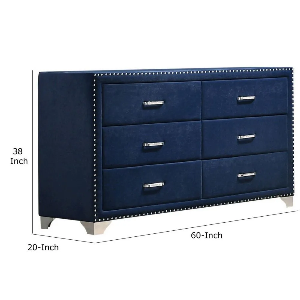 Cale 60 Inch Modern Glam Wood Dresser, 6 Drawer, Velvet, Nailhead, Blue By Casagear Home