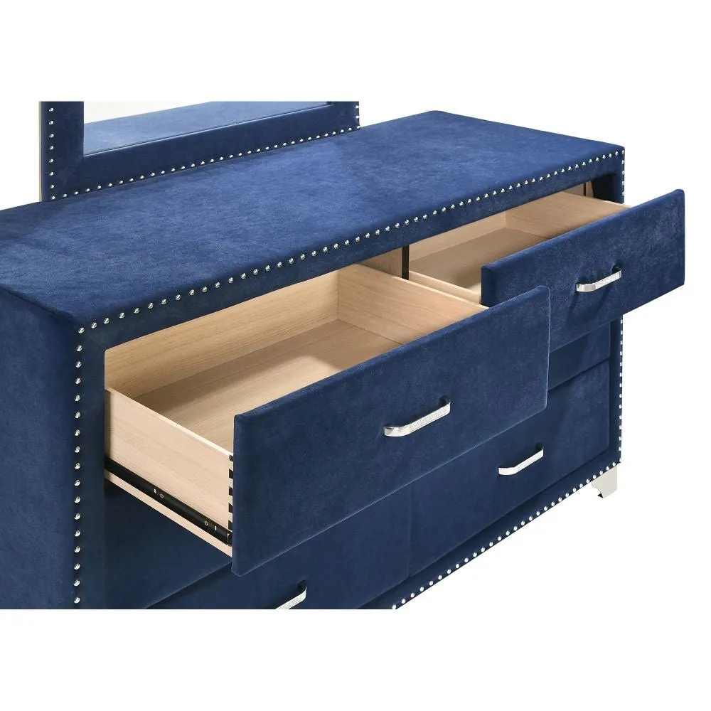 Cale 60 Inch Modern Glam Wood Dresser, 6 Drawer, Velvet, Nailhead, Blue By Casagear Home