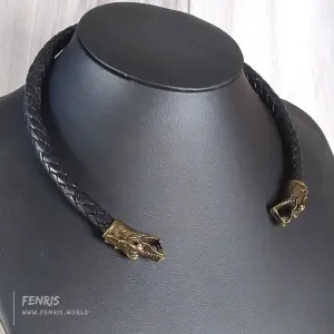 Celtic Torc Bronze Dragon Black Leather Viking Style | Fenris