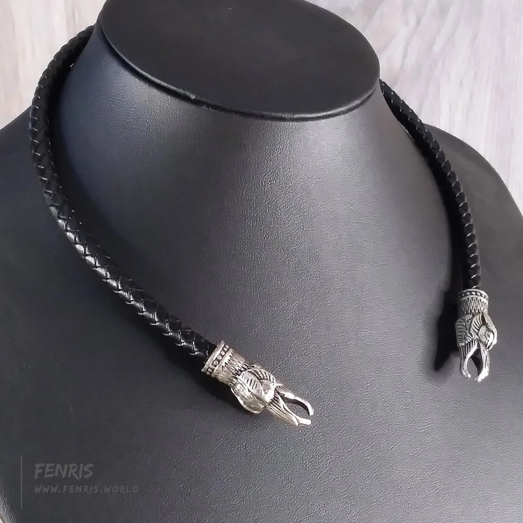 Celtic Torc Silver Raven Black Leather | Fenris