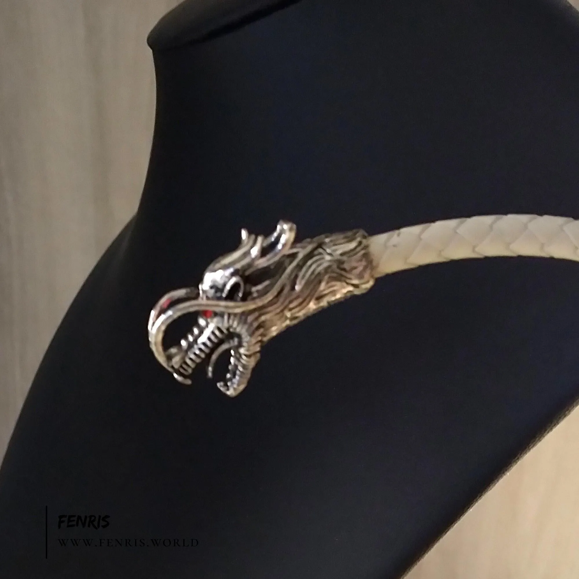 Dragon Torc Necklace White Leather Wedding Silver - Fenris