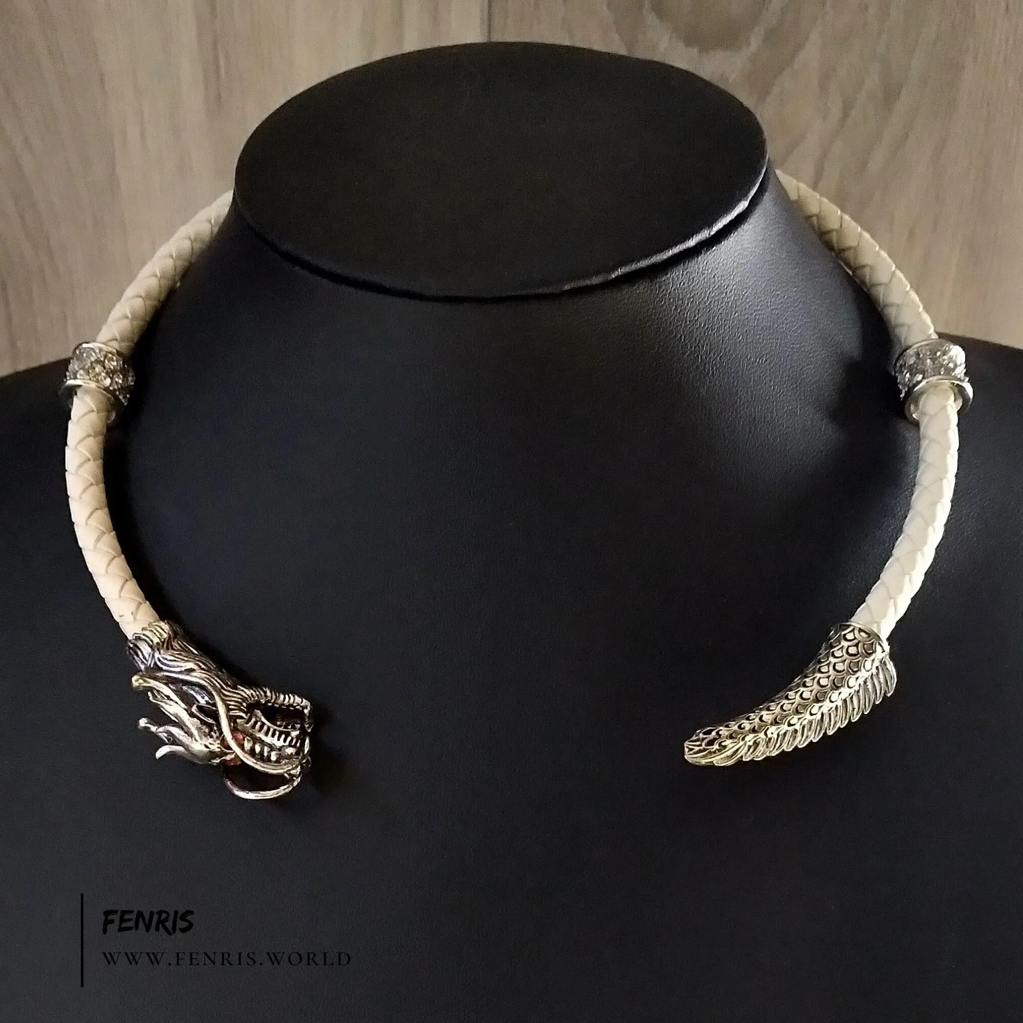 Dragon Torc Necklace White Leather Wedding Silver - Fenris