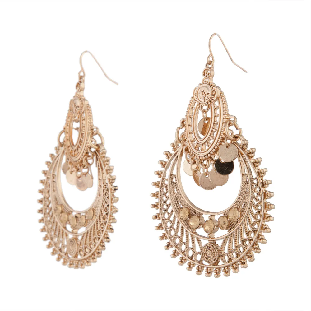 Etched Antique Gold Disc Chandbali Earrings