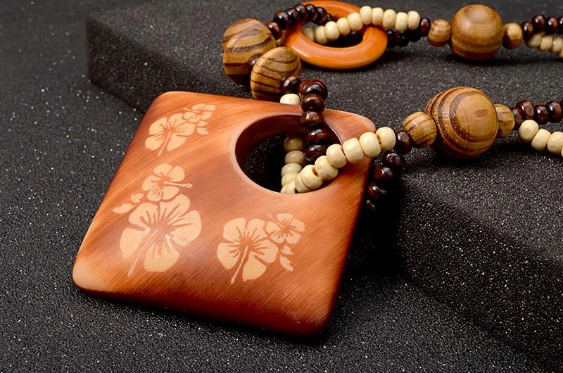 Geometric Floral Wood Necklace