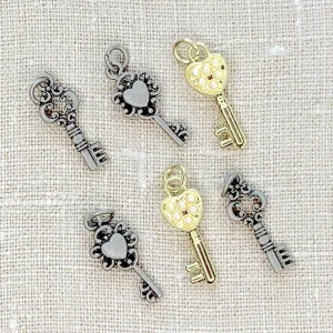 Gold and Antique Silver Vintage Miniature Keys 6pc Charm Set