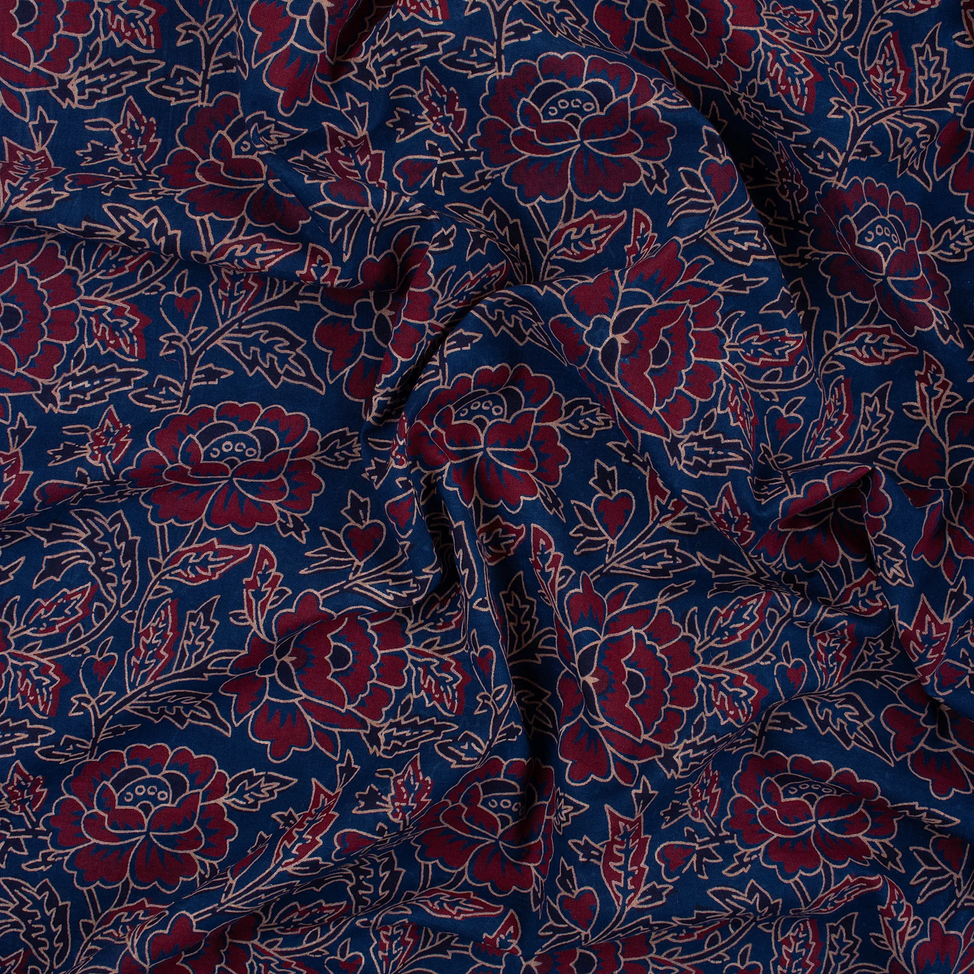 Handmade Ajrakh Fabric Floral Block Printed Cotton Cloth