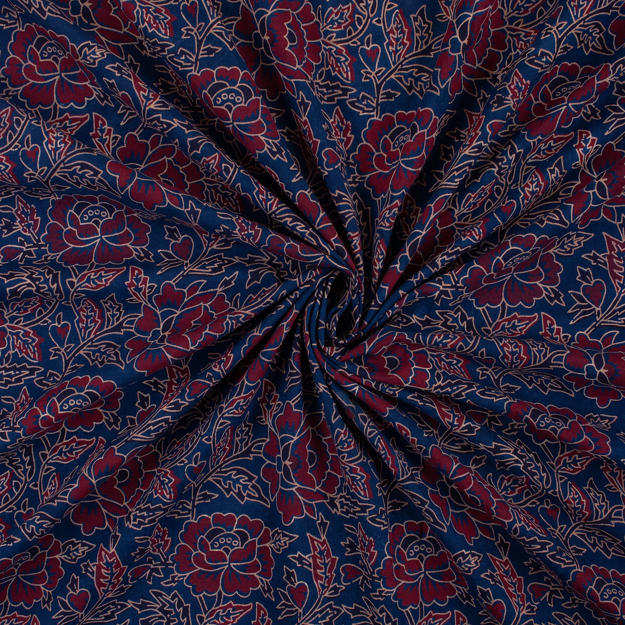 Handmade Ajrakh Fabric Floral Block Printed Cotton Cloth