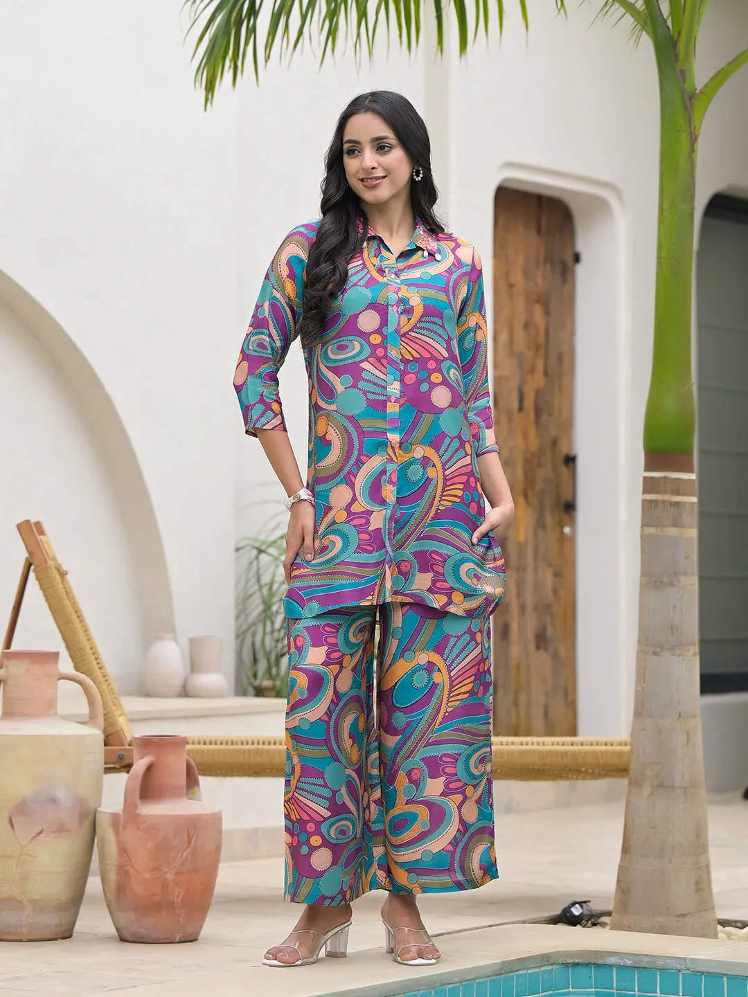 Jashvi Purple Multi Digital Print Muslin Co-ord set for Women