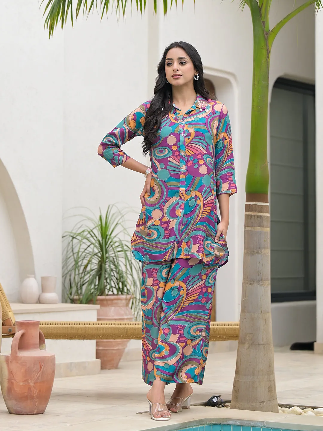 Jashvi Purple Multi Digital Print Muslin Co-ord set for Women