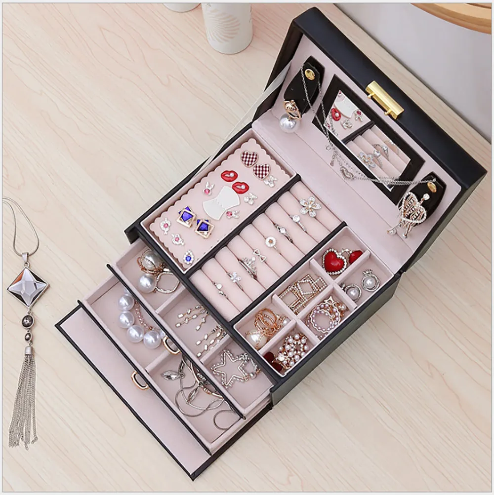 Jewellery Box With Mirror Double Drawers Organizer Storage Lock Case(Black)