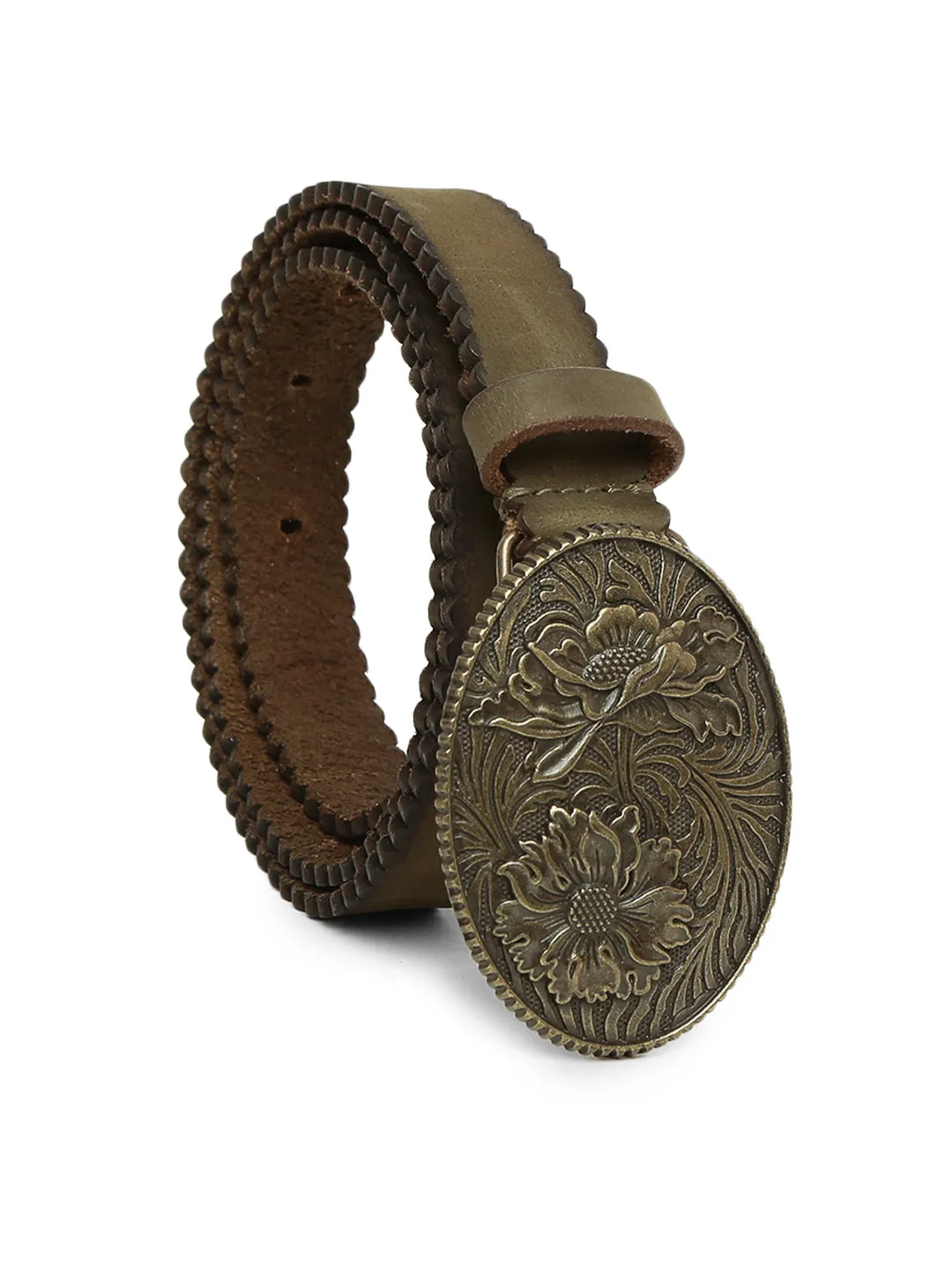 Mesmerizing Olive Flower Printed Hand-tooled Design Belt