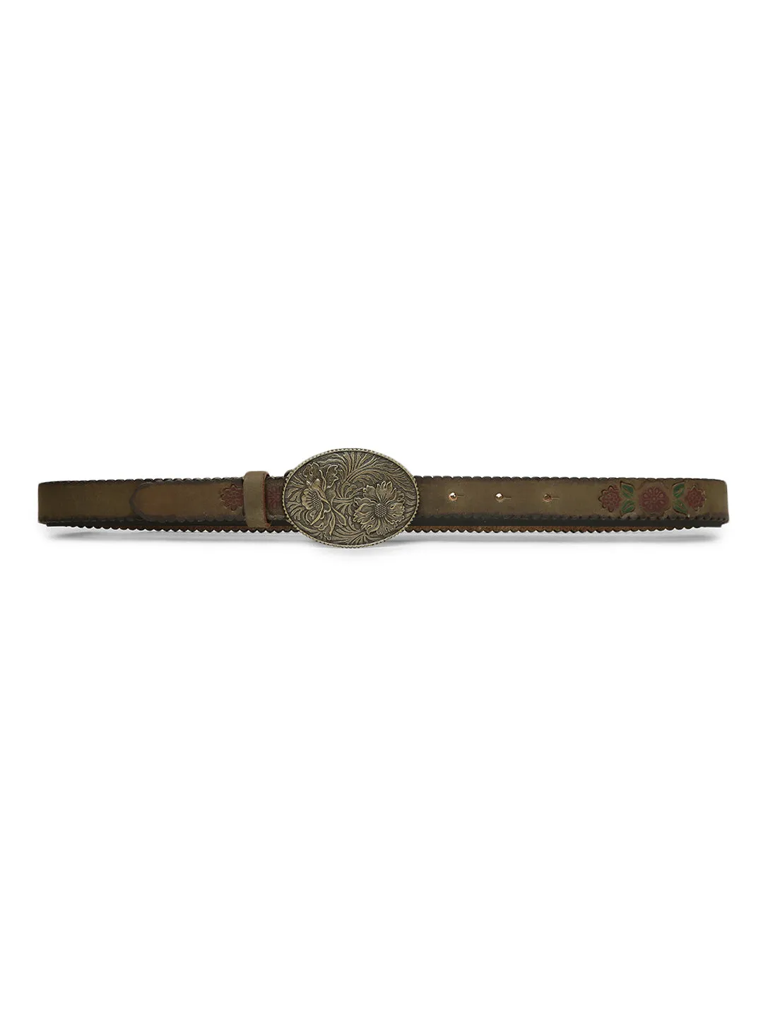 Mesmerizing Olive Flower Printed Hand-tooled Design Belt