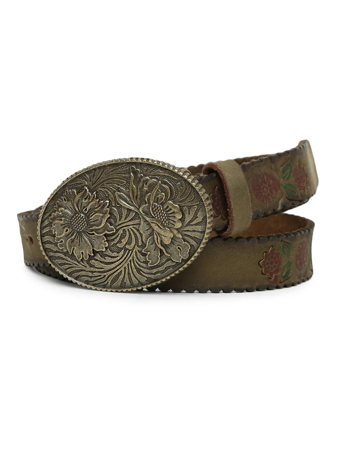 Mesmerizing Olive Flower Printed Hand-tooled Design Belt