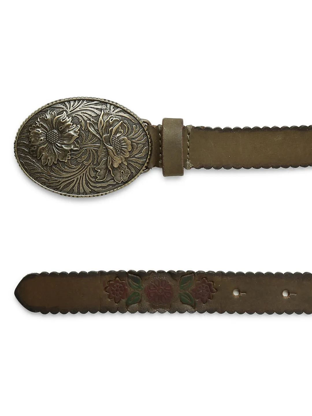 Mesmerizing Olive Flower Printed Hand-tooled Design Belt