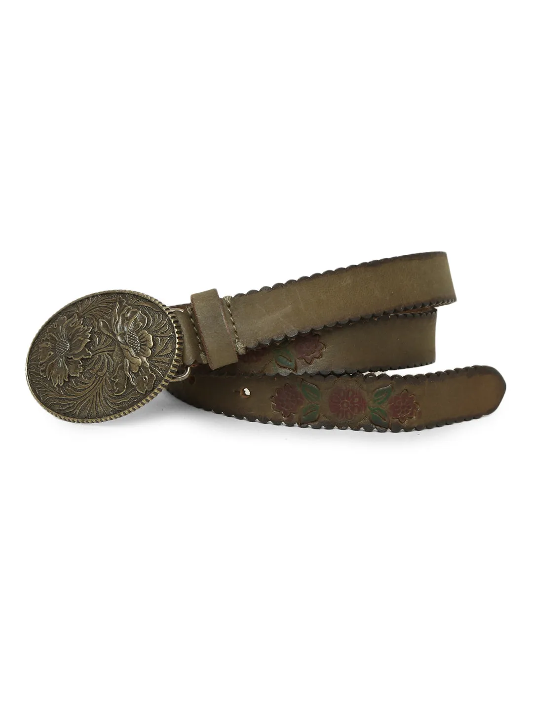 Mesmerizing Olive Flower Printed Hand-tooled Design Belt