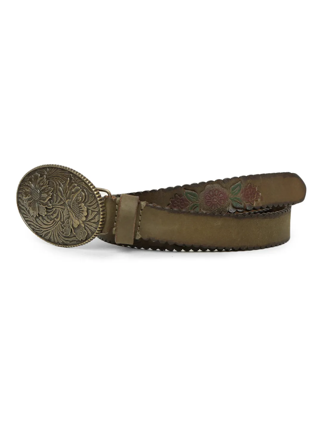 Mesmerizing Olive Flower Printed Hand-tooled Design Belt