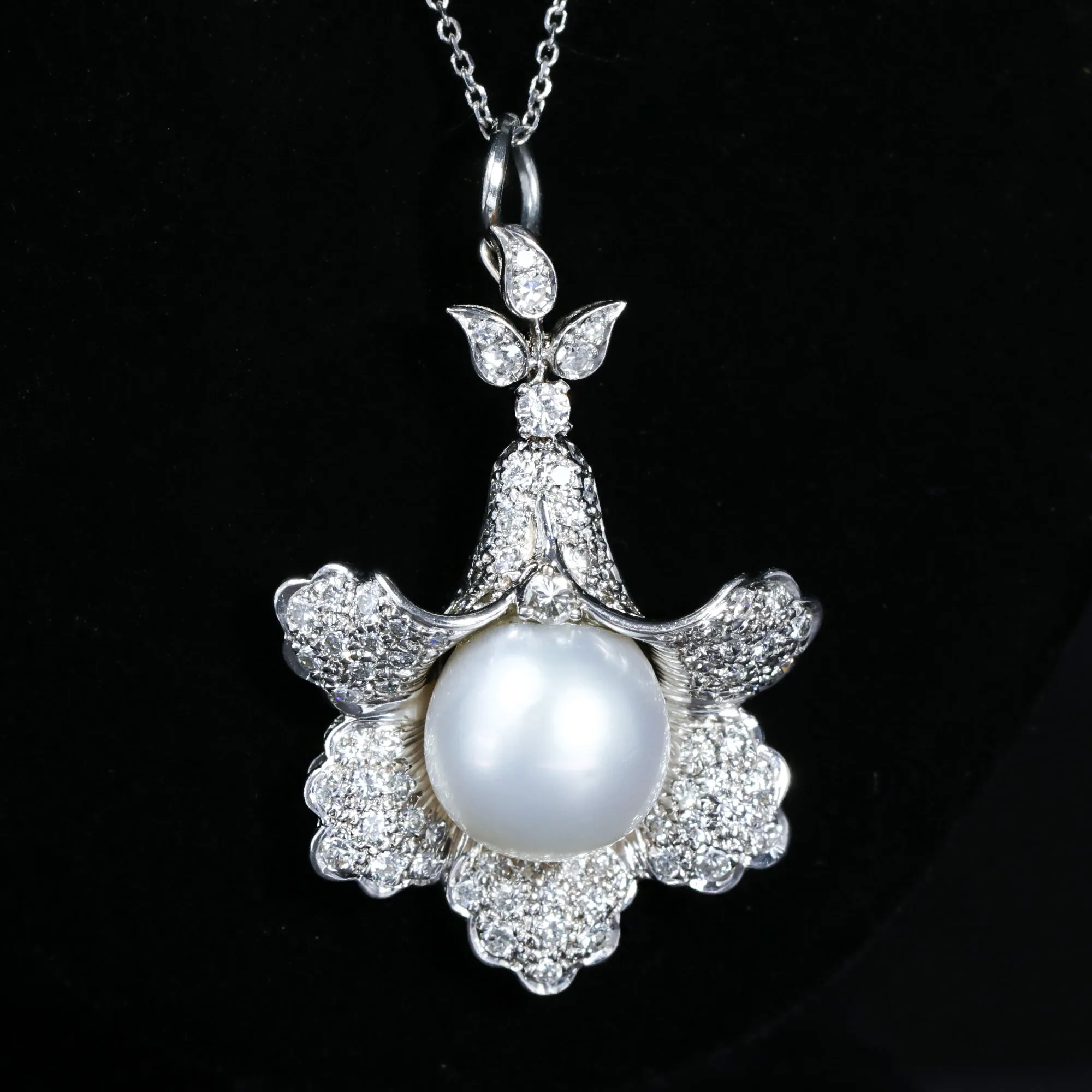 Mid-Century Pearl and Diamond Flower Pendant