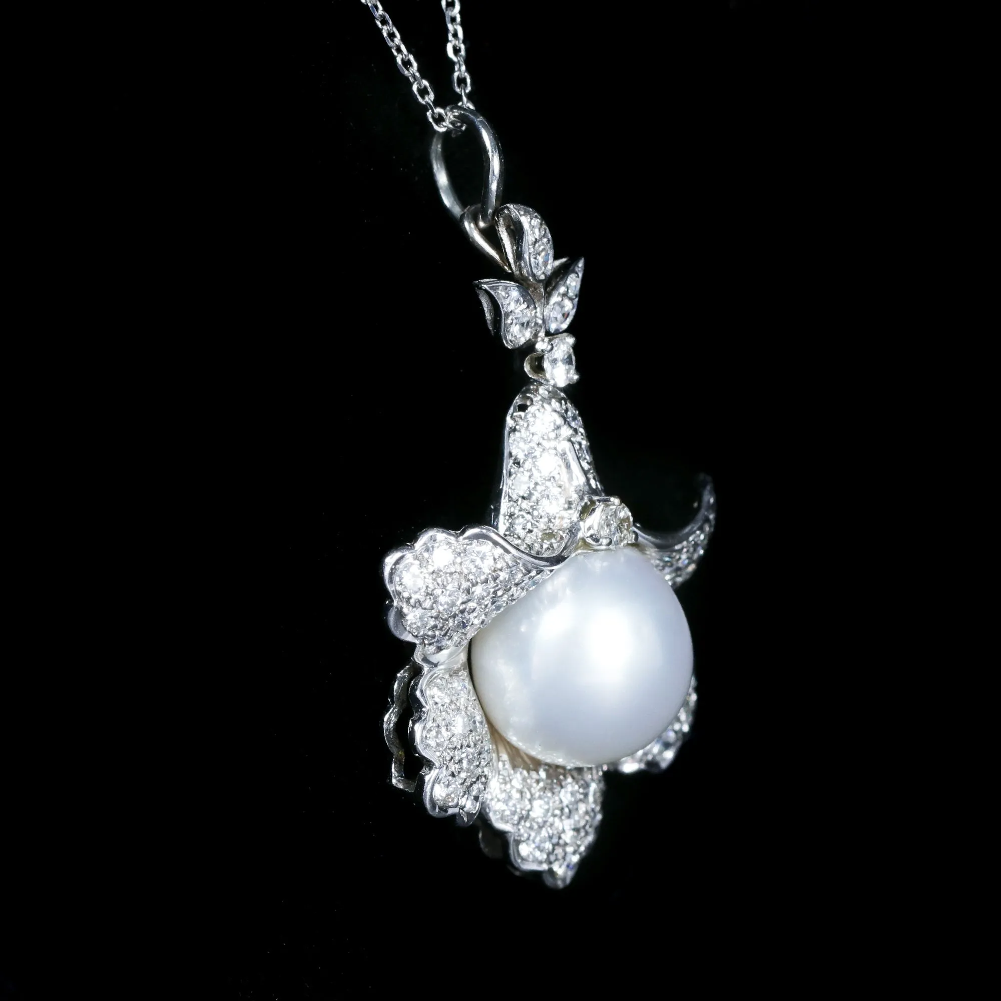 Mid-Century Pearl and Diamond Flower Pendant