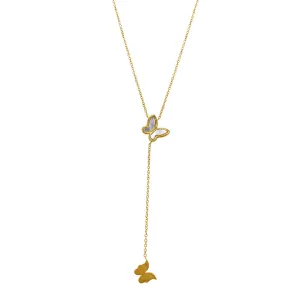 Mother of Pearl Butterfly Lariat Necklace gold