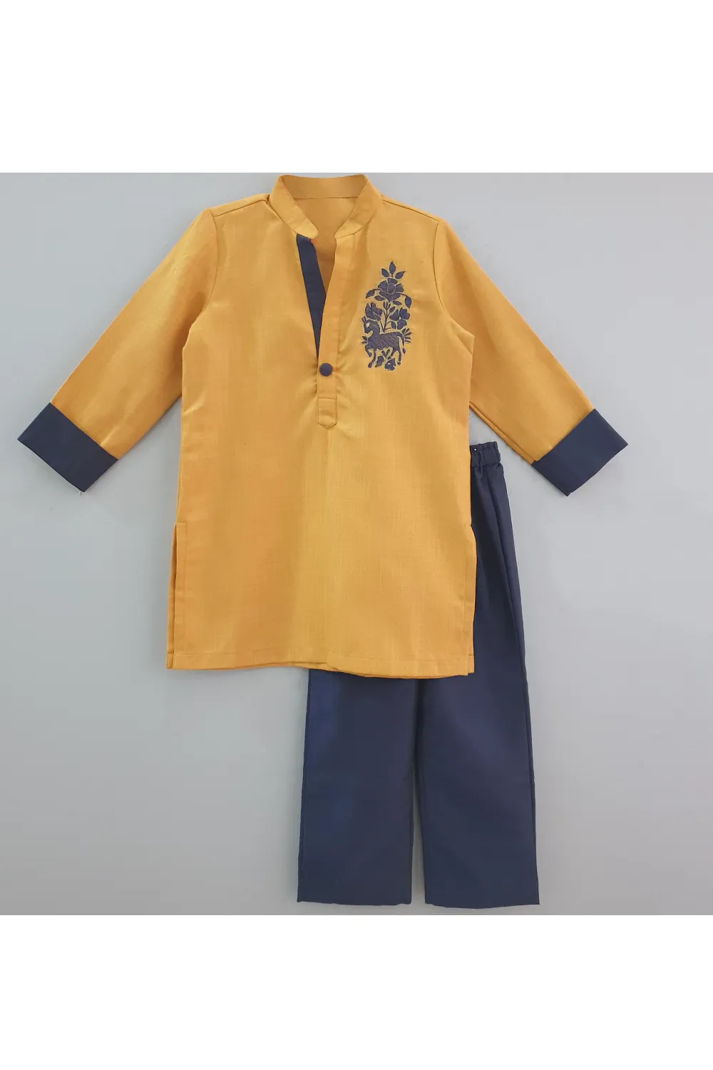 Mustard gold horse motif embroidered kurta and navy blue pyjama