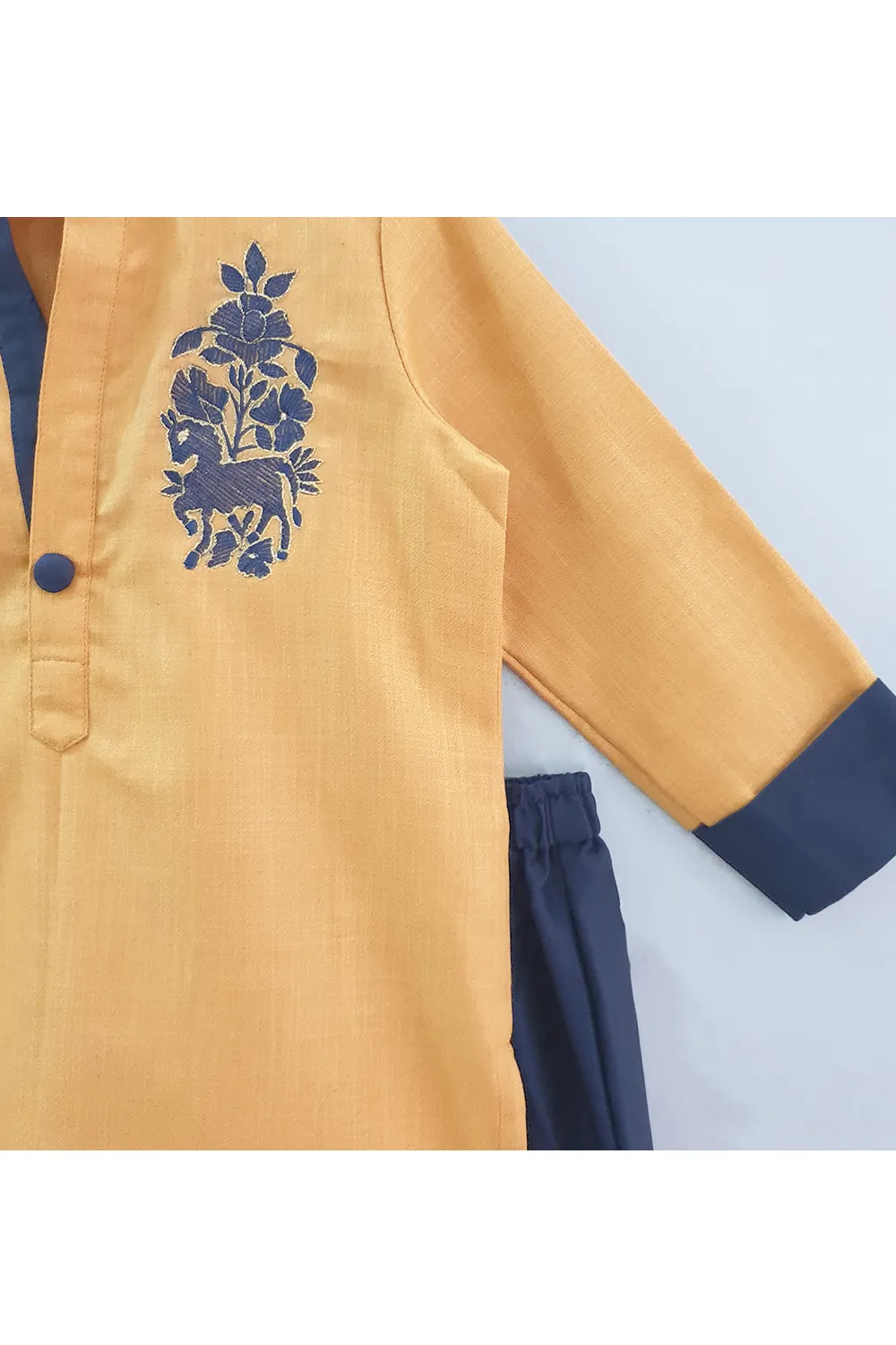 Mustard gold horse motif embroidered kurta and navy blue pyjama